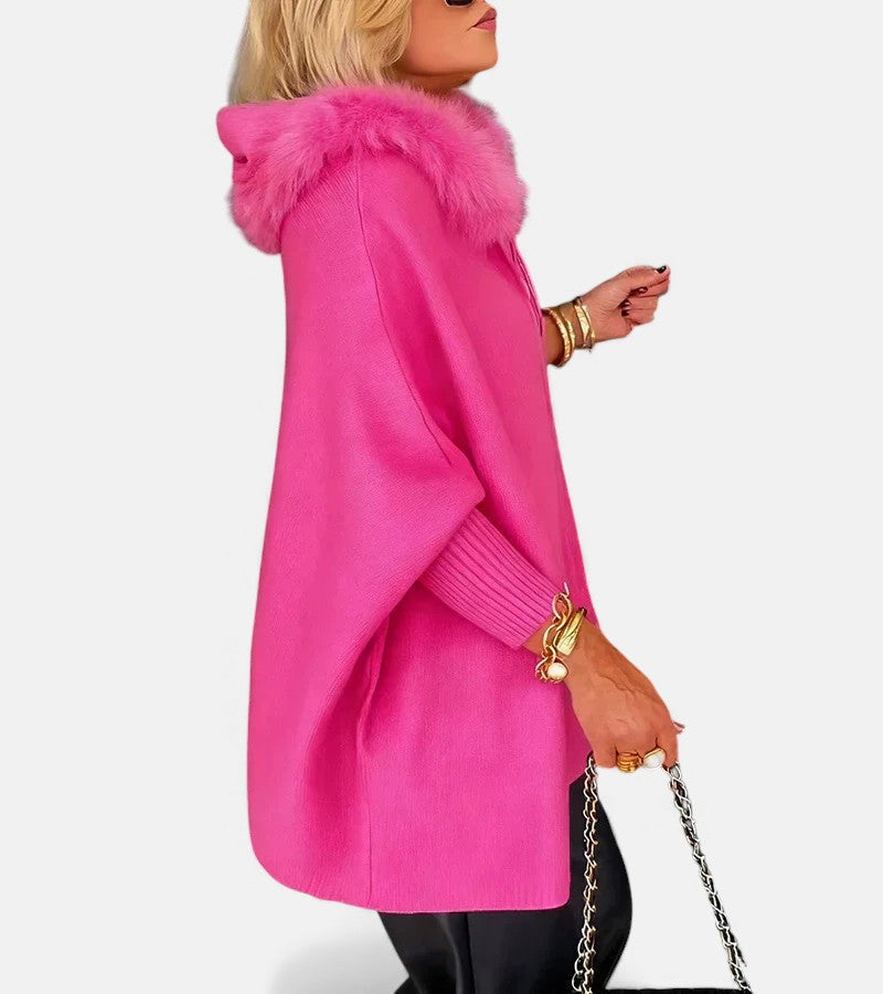 Pink hooded coat with faux fur collar, zip front, ribbed hem and cuff, long sleeves