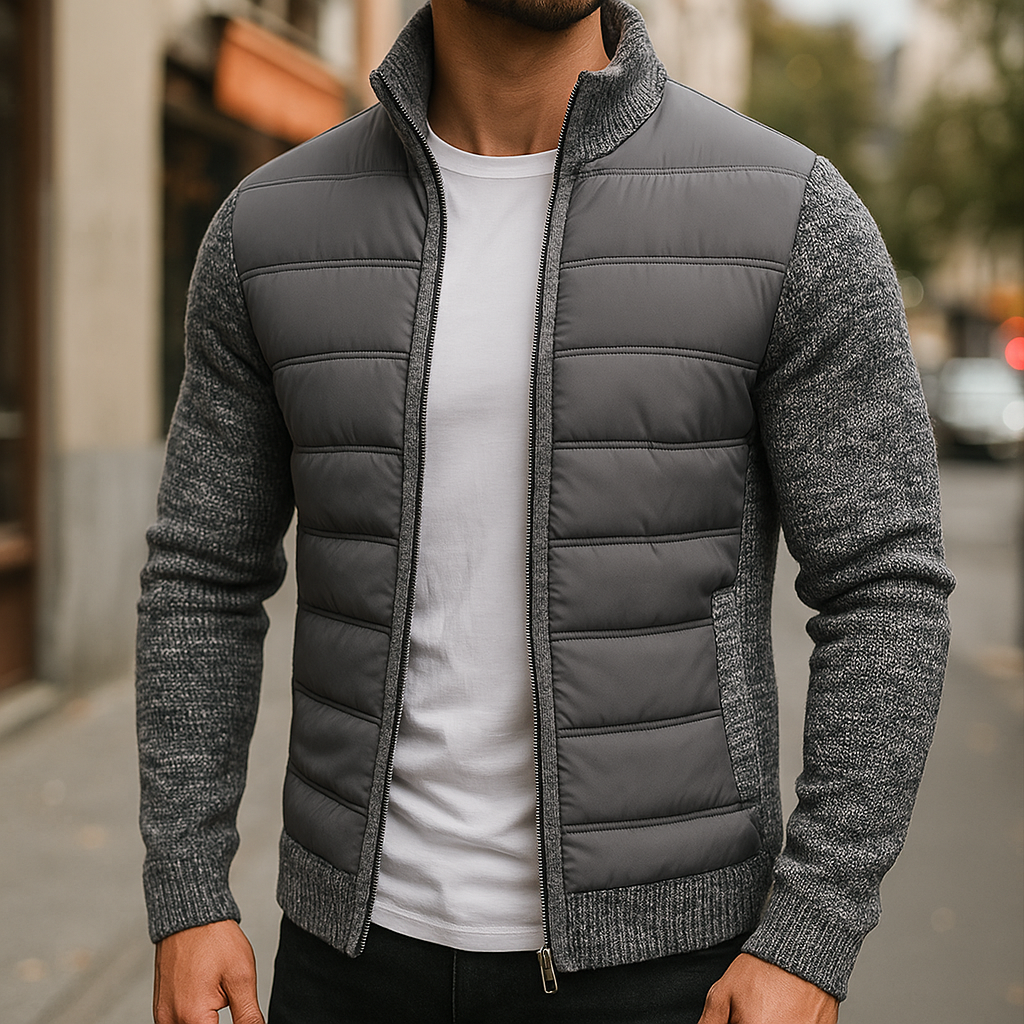 Dark gray zip-up fleece jacket with quilted puffer front and knit sleeves