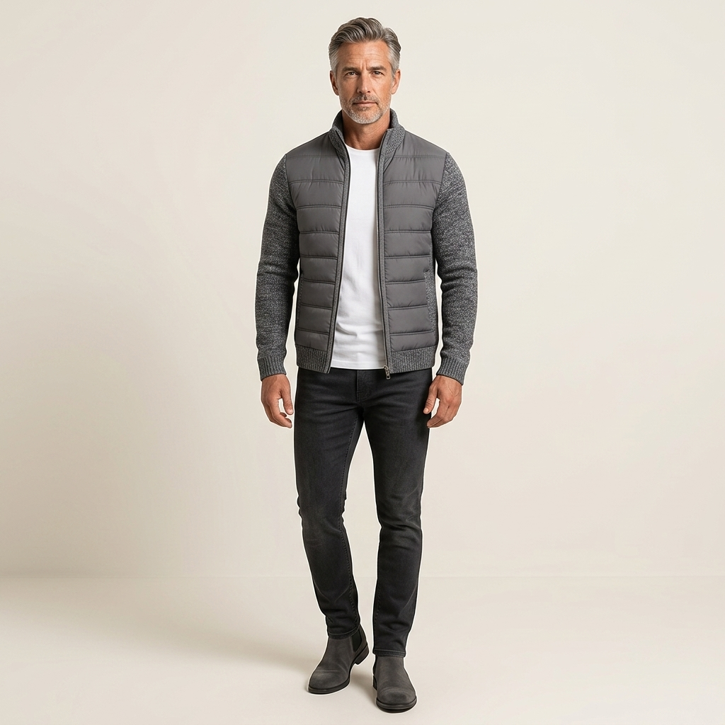 Men's hybrid fleece puffer jacket with knitted sleeves, dark grey quilted front, zip-up