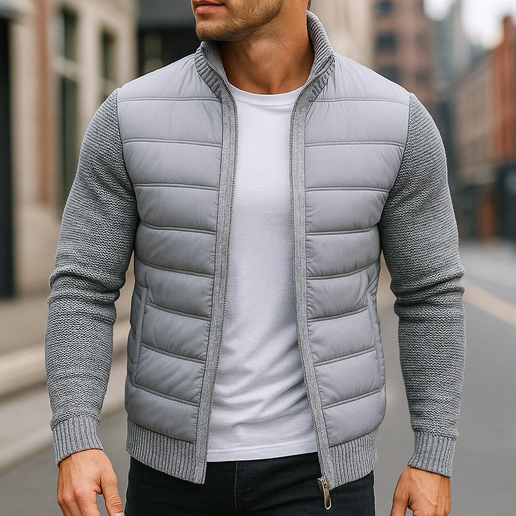 Light gray zip-up fleece jacket with quilted puffer front, ribbed knit cuffs