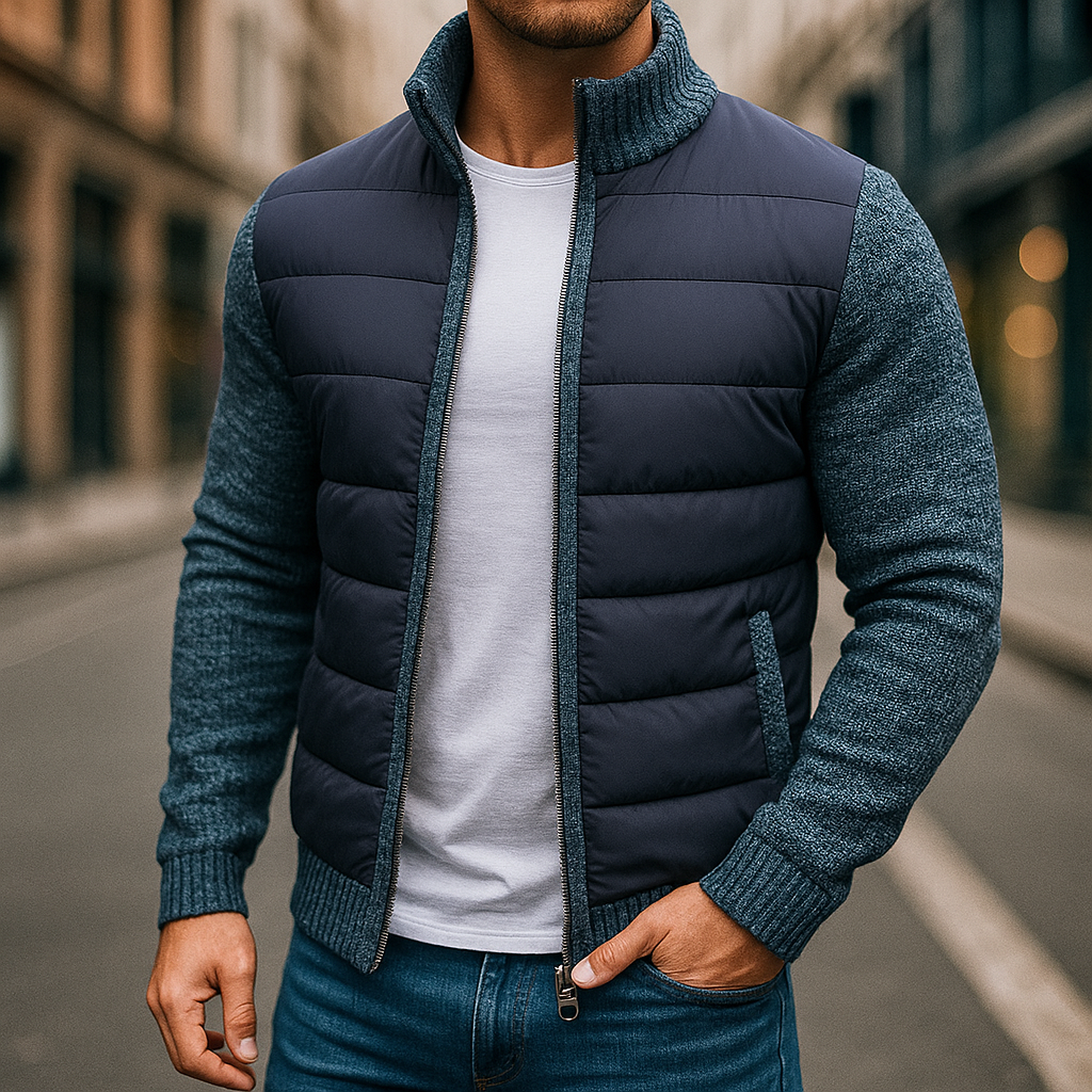 Navy zip-up fleece jacket with quilted puffer front and ribbed knit hem