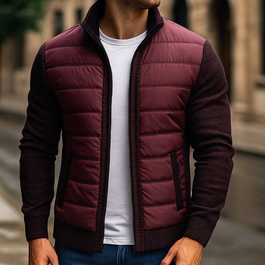 Burgundy zip-up fleece jacket with quilted puffer panels and ribbed knit cuffs
