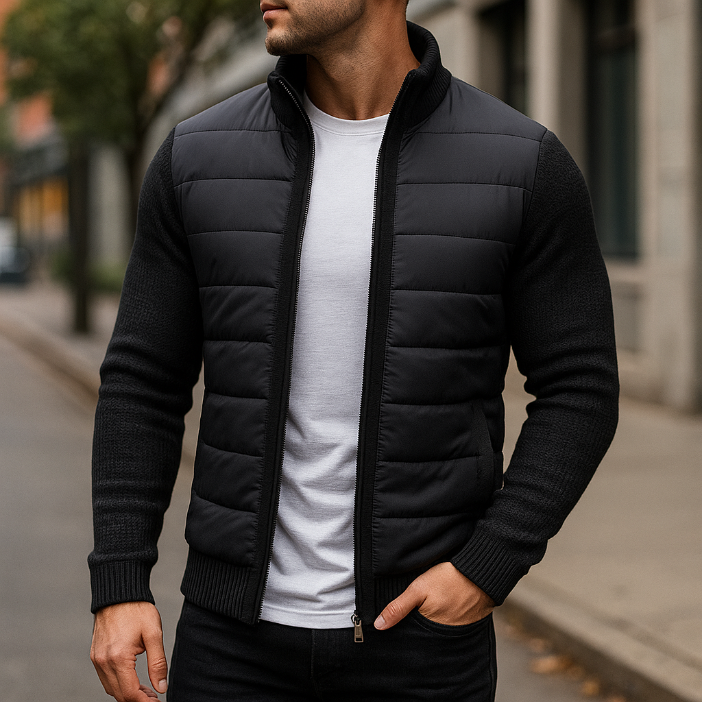 Black zip-up fleece jacket with quilted puffer front and ribbed knit cuffs