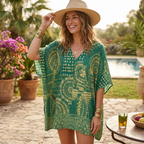 Green V-neck bohemian tunic with short batwing sleeves, relaxed oversized fit, ethnic print