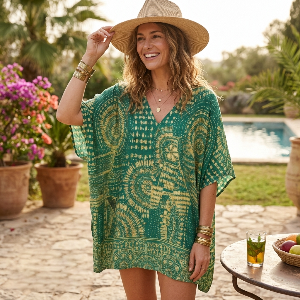 Green V-neck bohemian tunic with short batwing sleeves, relaxed oversized fit, ethnic print