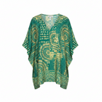 Oversized green tunic blouse with V-neck, short loose sleeves, and ornate yellow boho print