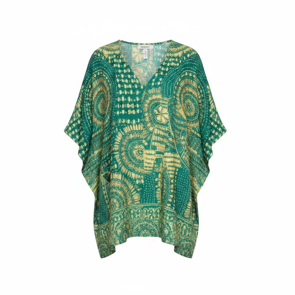 Oversized green tunic blouse with V-neck, short loose sleeves, and ornate yellow boho print