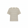 Women’s striped chemisier blouse, beige/black horizontal stripes, round neck, short sleeves