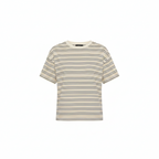 Women’s striped chemisier blouse, beige/black horizontal stripes, round neck, short sleeves