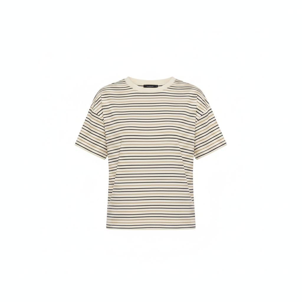 Women’s striped chemisier blouse, beige/black horizontal stripes, round neck, short sleeves
