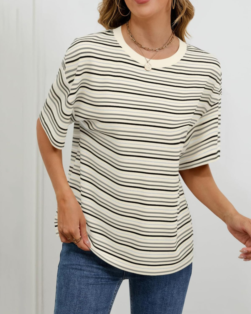 Women’s striped chemisier blouse with beige/black horizontal stripes, loose short sleeves, round neck