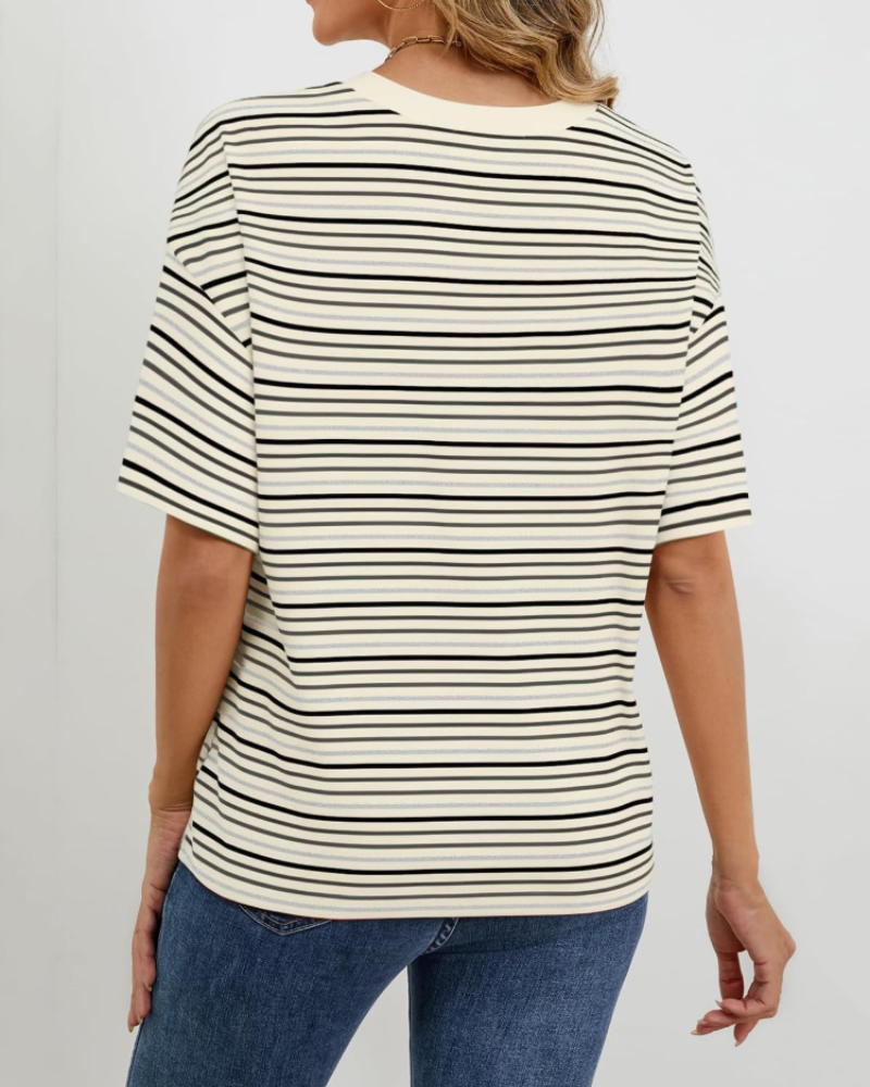 Women’s striped blouse (back view), beige with black horizontal stripes, short sleeves, crew neck