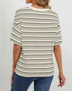 Women’s striped blouse (back view), beige with black horizontal stripes, short sleeves, crew neck