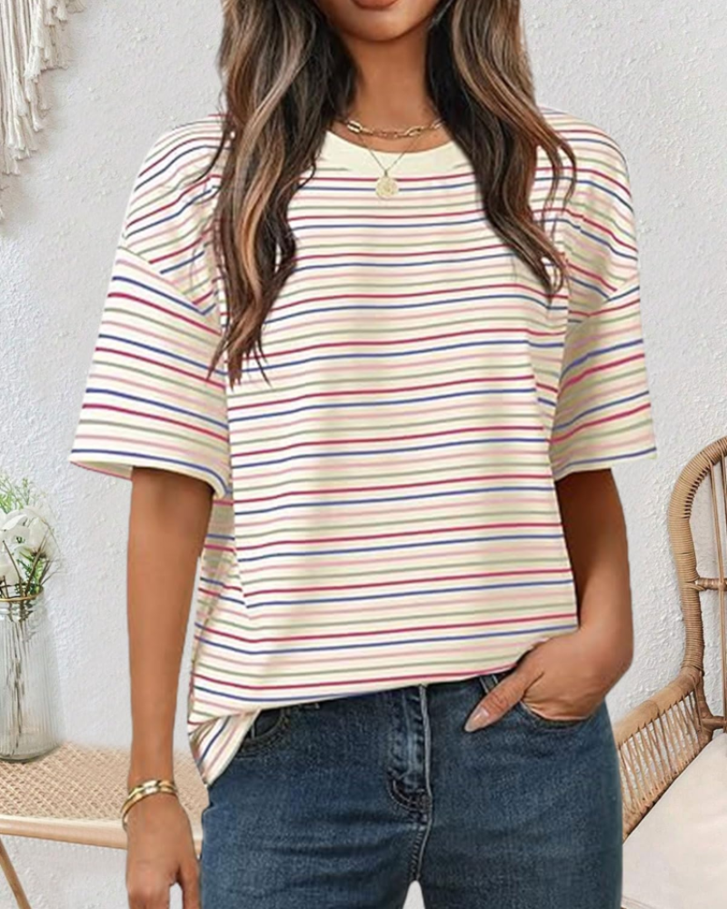 Women’s striped blouse, pastel rainbow horizontal stripes, round neck, short sleeves