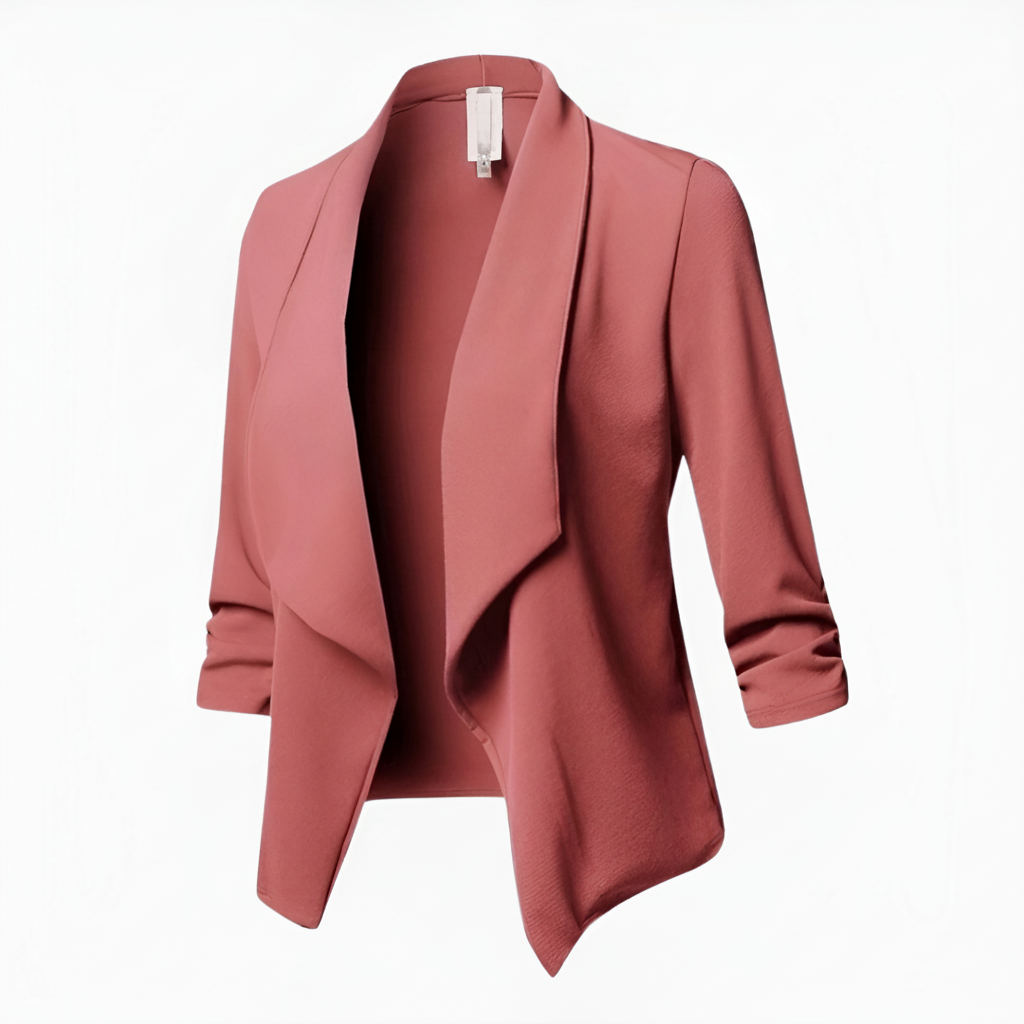 Women's long-sleeve blazer, dusty pink, notched lapel and draped open front
