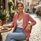 Women's asymmetrical long-sleeve blazer, dusty pink, with open front and long lapel