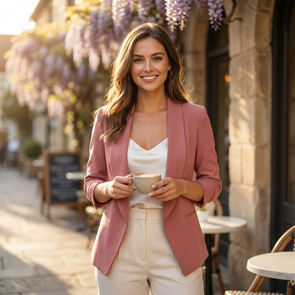 Women's asymmetrical long-sleeve blazer in dusty pink over white top