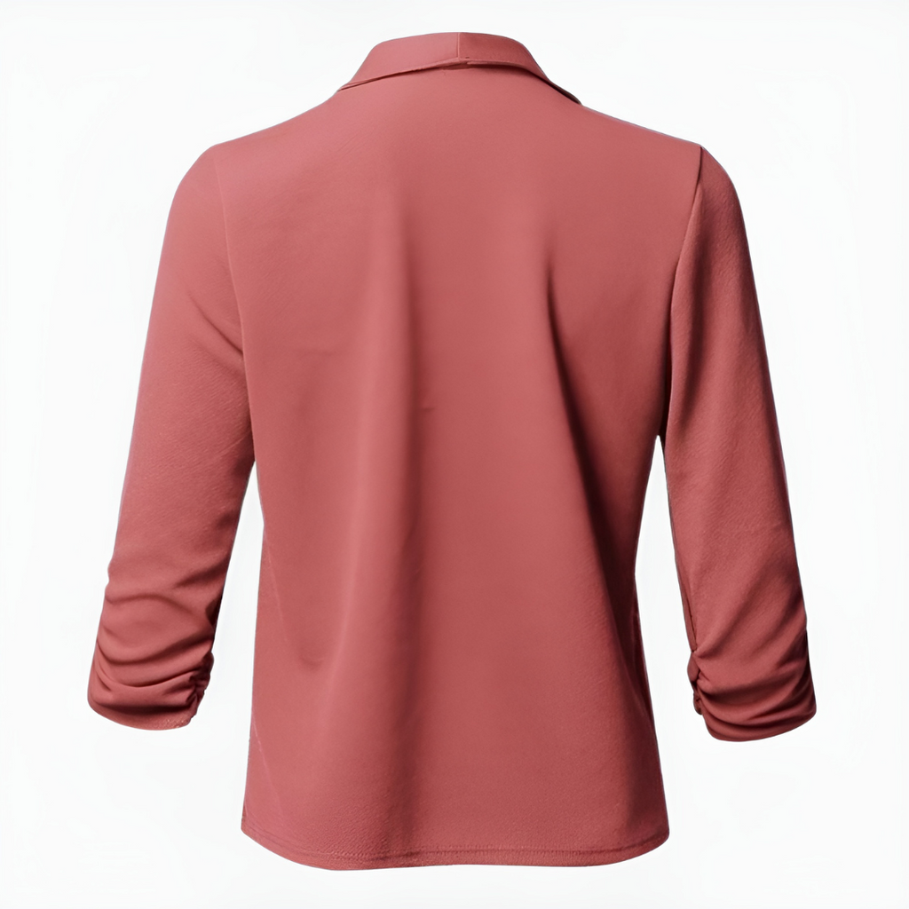 Women's long-sleeve blazer, rose pink, back view with structured shoulders