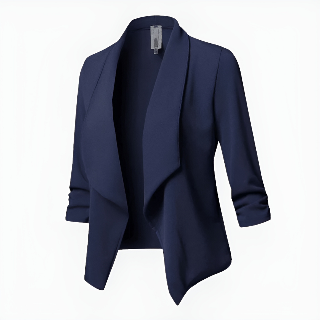 Women's long-sleeve blazer, navy blue, notched lapel and tailored draped front