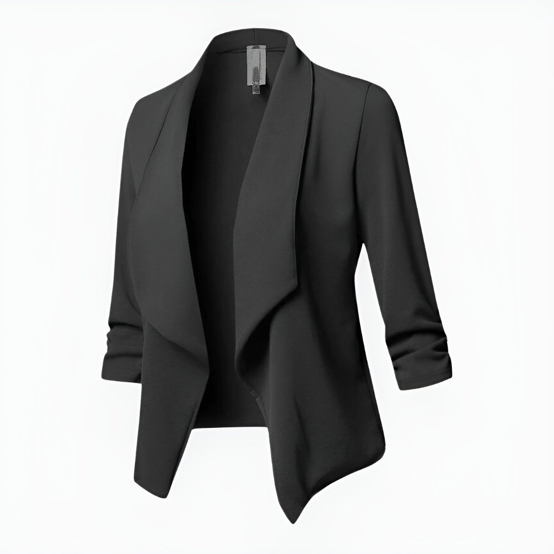 Women's long-sleeve blazer, black, notched lapel and draped open front