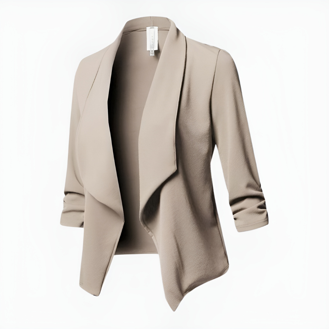 Women's long-sleeve blazer, light brown, notched lapel with draped open front