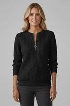 Women's black zip-up cable-knit sweater with standing collar and silver zipper pull