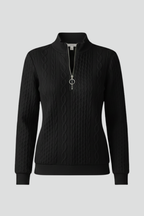 Women's black zip-up cable-knit sweater, standing collar, silver zipper pull