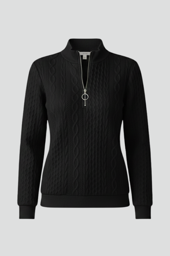 Women's black zip-up cable-knit sweater, standing collar, silver zipper pull