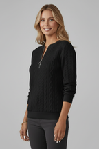 Women's black zip-up cable-knit sweater with quarter-zip collar and silver zipper pull
