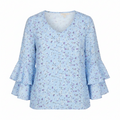 Floral V-neck blouse for women in light blue with 3/4 bell sleeves