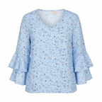 Floral V-neck blouse for women in light blue with 3/4 bell sleeves
