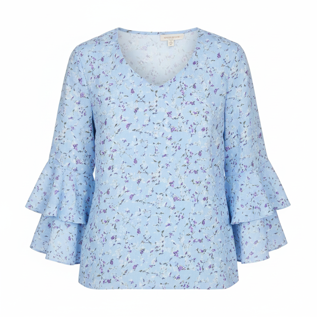 Floral V-neck blouse for women in light blue with 3/4 bell sleeves