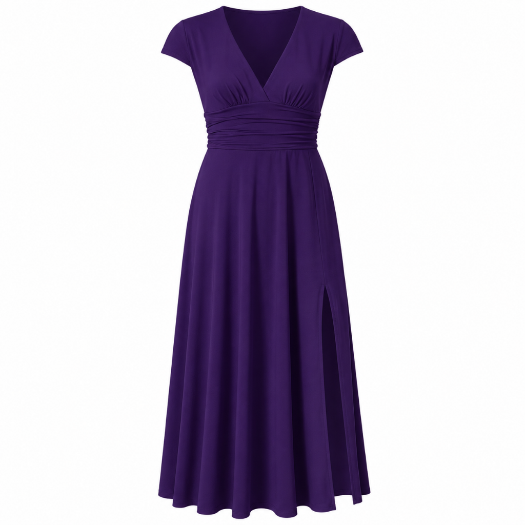 Women's V-neck short-sleeve maxi dress, high-waist A-line, dark purple