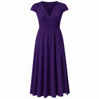 Women's V-neck short-sleeve maxi dress, high-waist A-line, dark purple