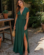 Green long V-neck high-waist A-line dress with short sleeves and side slit