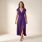 Purple V-neck high-waist A-line maxi dress with short sleeves and front slit