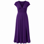 Women's purple V-neck high-waist A-line maxi dress front view, short sleeves