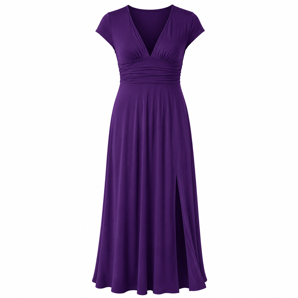 Women's purple V-neck high-waist A-line maxi dress front view, short sleeves