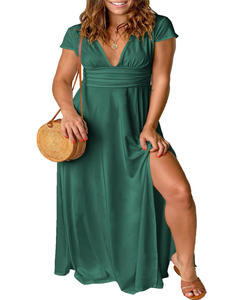 Green long V-neck high-waist A-line dress with gathered waist and side slit