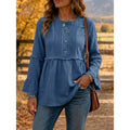 Blue pintucked peplum blouse with button-front and long flared sleeves