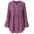Purple button-front peplum blouse with pintucked vertical panels and tiered sleeves