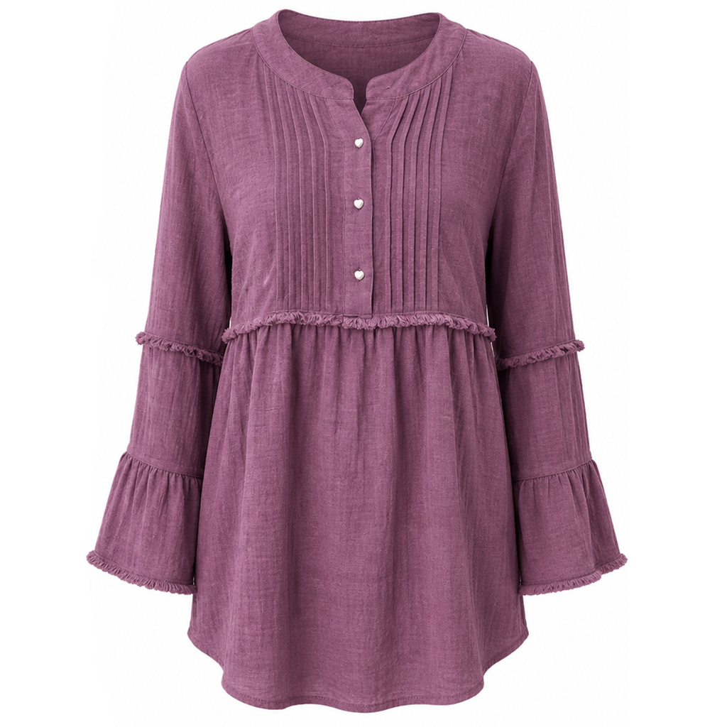 Purple button-front peplum blouse with pintucked vertical panels and tiered sleeves