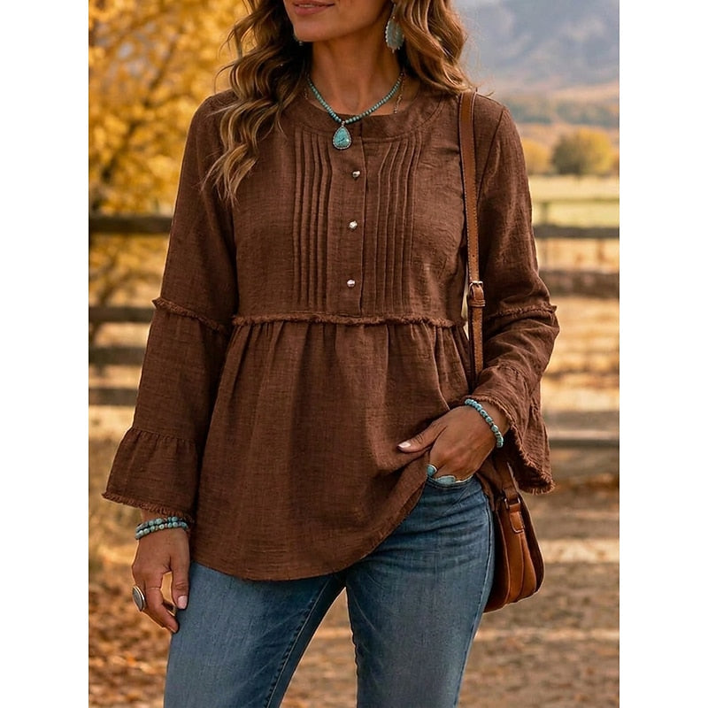 Brown pintucked peplum blouse with button-front and long flared sleeves