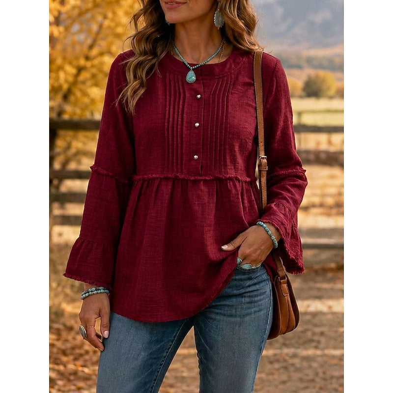 Wine red pintucked peplum blouse with button-front and long flared sleeves
