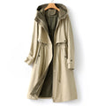 Beige hooded waterproof trench coat with zip front and snap placket, drawstring waist