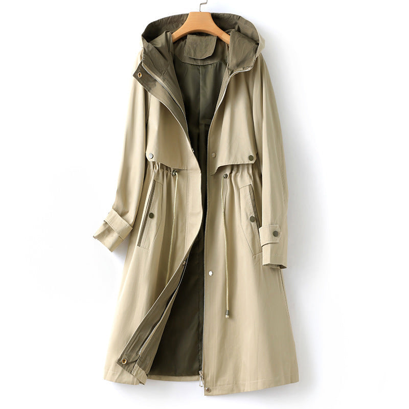 Beige hooded waterproof trench coat with zip front and snap placket, drawstring waist