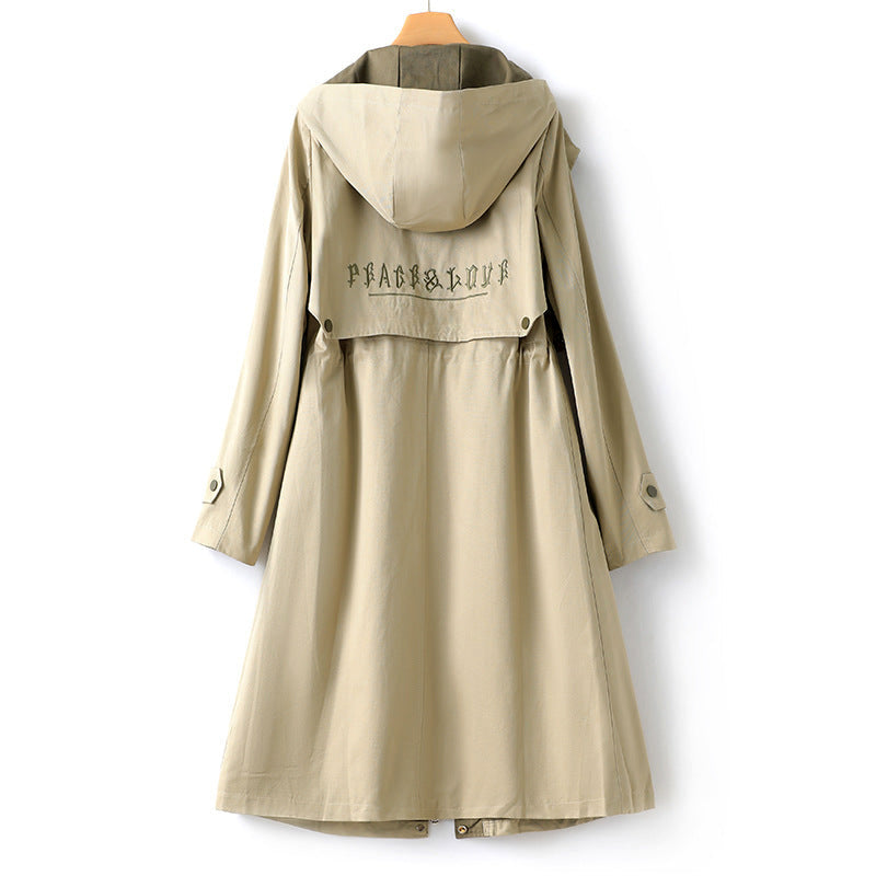 Beige hooded waterproof trench coat with drawstring waist and front snap buttons
