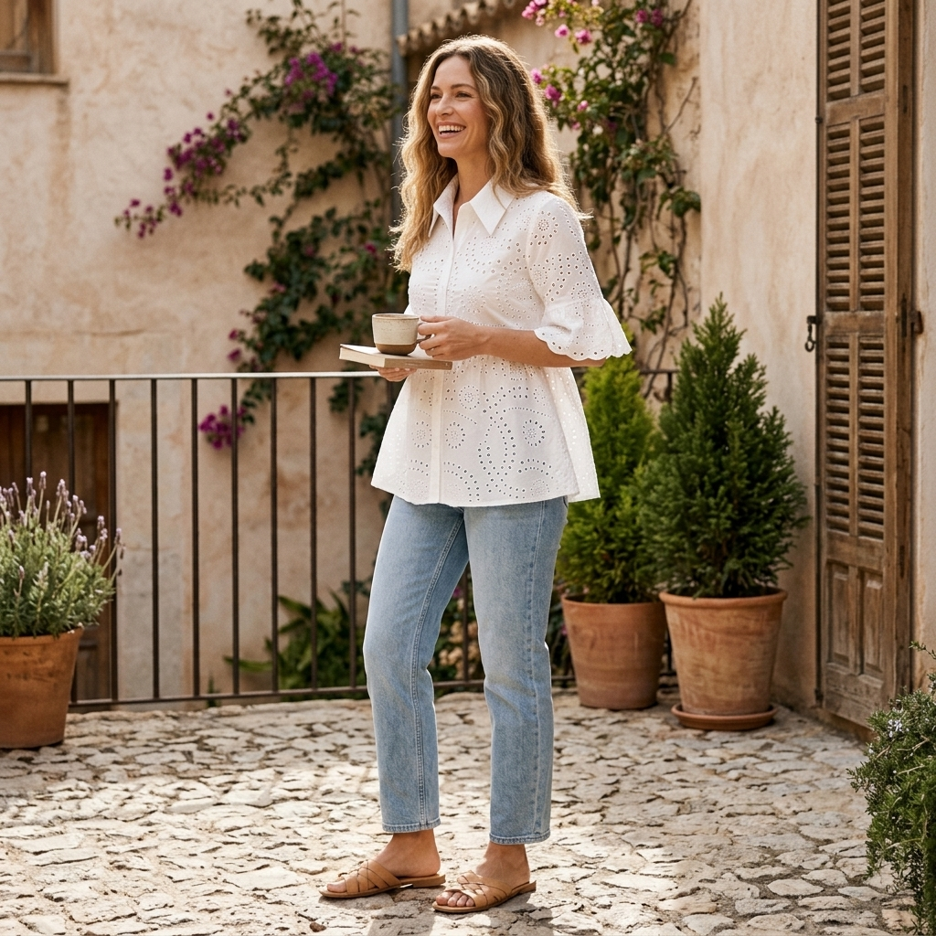 White eyelet peplum blouse with ruffled sleeves, buttoned collar, and embroidered detail