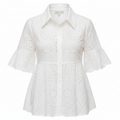 White embroidered peplum blouse with ruffled sleeves and button-front collar