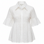 White embroidered peplum blouse with ruffled sleeves and button-front collar
